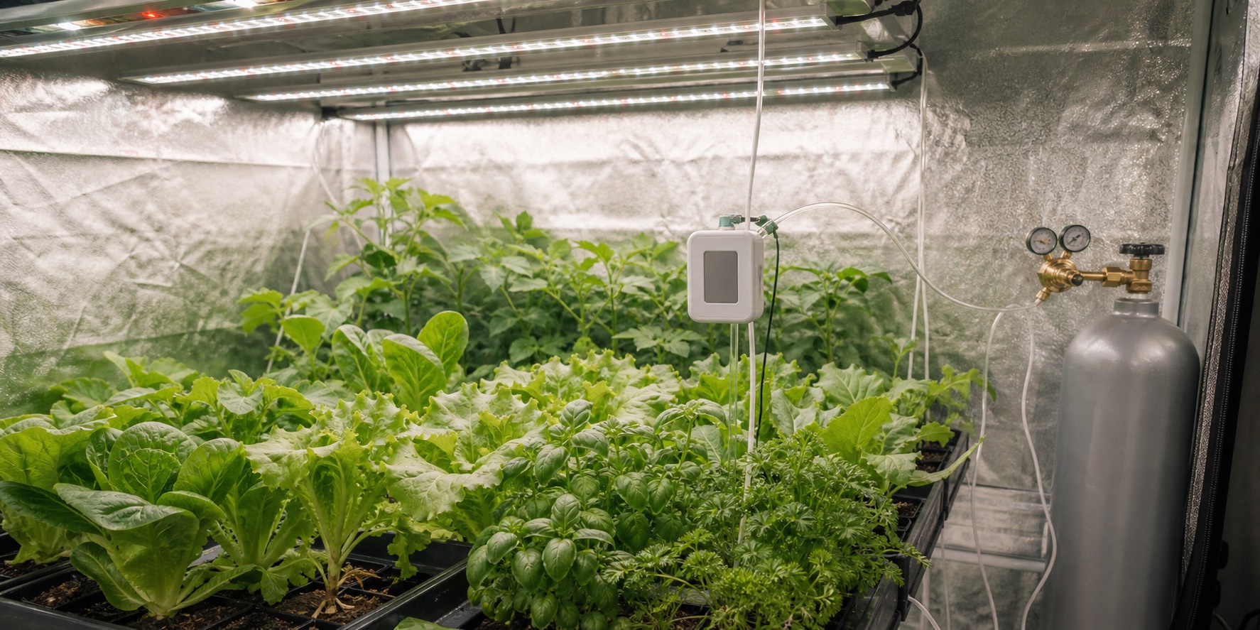 Контролируемая подача CO2 в гроубоксе с овощными растениями и LED-освещением
