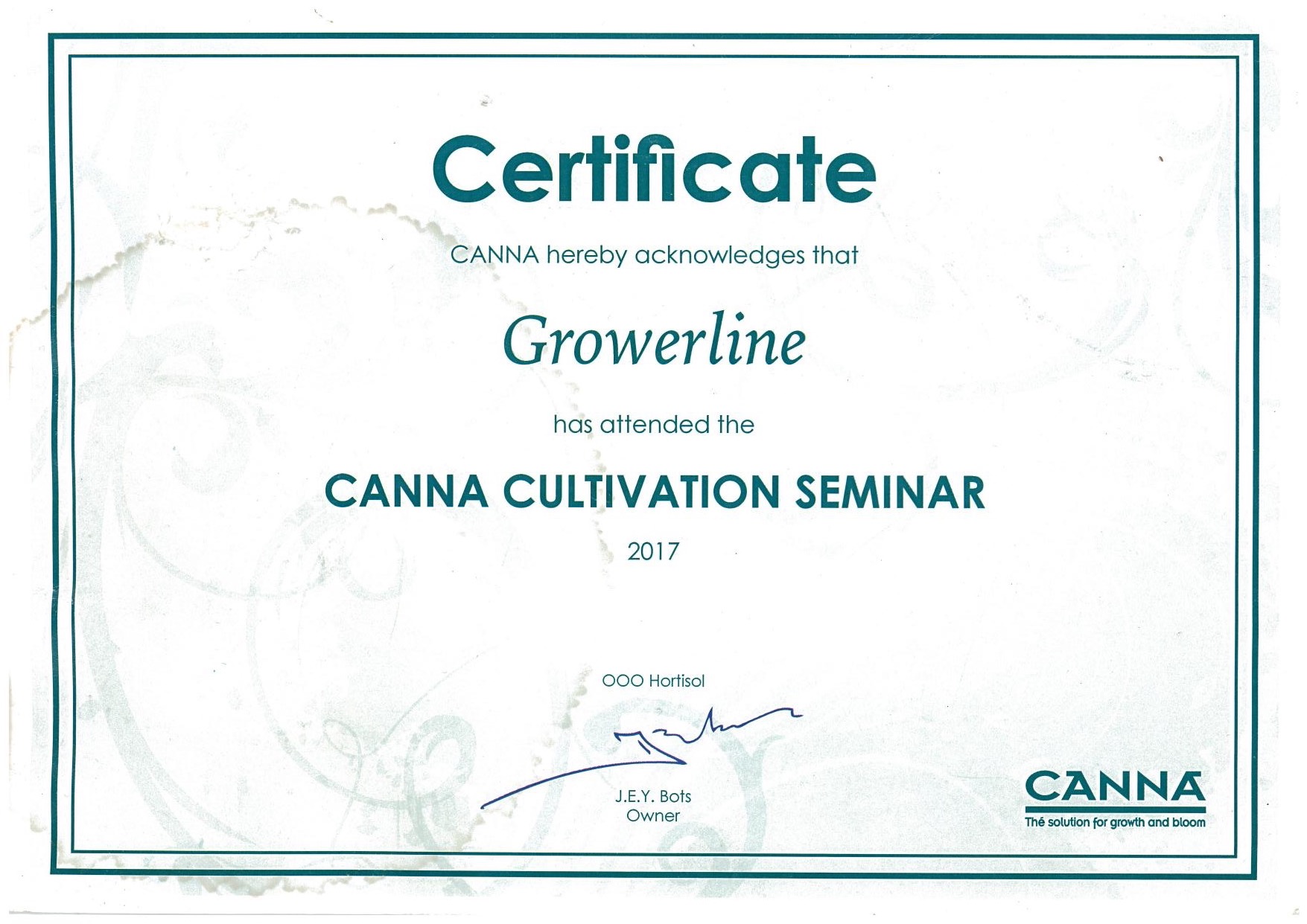 Сертификат CANNA Cultivation Seminar — Growerline, 2017