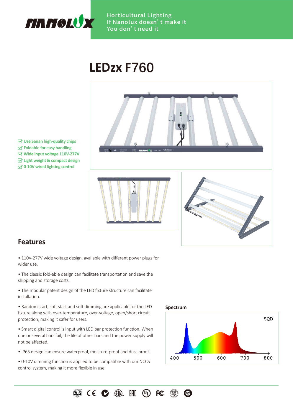 Фирменная спецификация Nanolux LEDzx F760 — конструкция и спектр